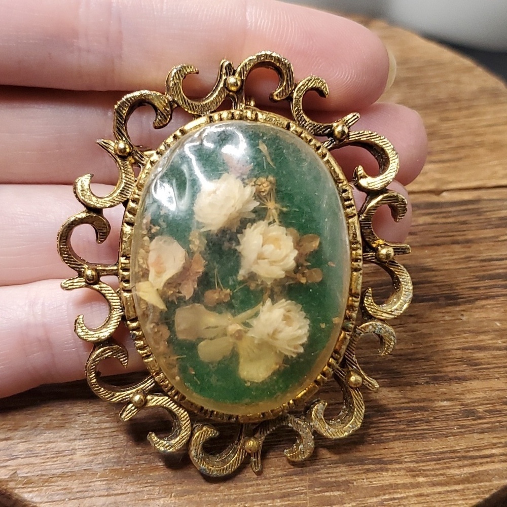 B801 dried‎ flower dome shadow box brooch stunning collectible